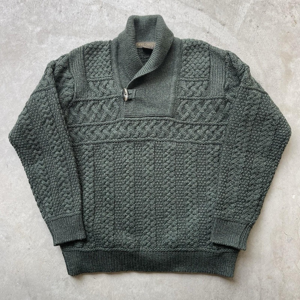 Vintage Inis Craft Shawl Neck Aran Fisherman Green Merino Wool Womens Sz Large